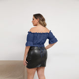 Deep Blue All-Over Print Women's Off-shoulder Cropped Top With Short Puff Sleeve