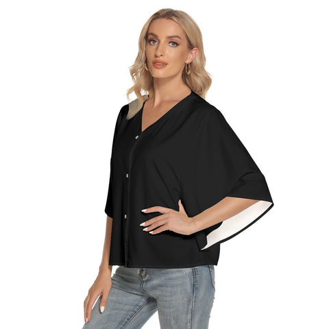 Black All-Over Print Women's Bat Sleeve Light V-neck Front Buttoned Top