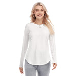 White All-Over Print Women's Raglan Sleeves U-Shaped Hem Long Sleeves Blouse