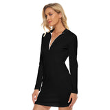 Black All-Over Print Women's Zip Front Tight Dress