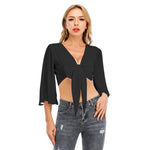 Black All-Over Print Women's Ruffled Cropped T-shirt With Bandage