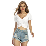 White All-Over Print Women's Raglan Drawstring Front Crop Tee