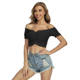 Black All-Over Print Women's One-shoulder Off-the-navel Short Sleeve T-shirt