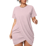 Pink All-Over Print Women’s Stacked Hem Dress With Short Sleeve（Plus Size）