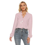 Pink All-Over Print Women's Pleated Collar V-neck Shirt