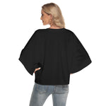 Black All-Over Print Women's Bat Sleeve Light V-neck Front Buttoned Top