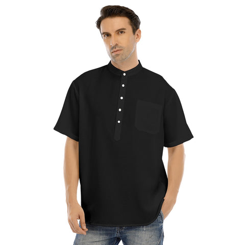 Black All-Over Print Men's Stand-up Collar T-shirt With Button Closure