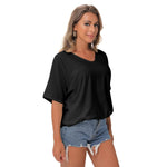 Black All-Over Print Women's Bat Sleeves V-Neck Blouse