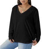 Black All-Over Print Women's V-neck T-shirt With Curved Hem(Plus Size)