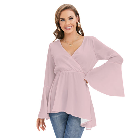 Pink All-Over Print Women's V-neck Blouse With Flared Sleeves