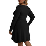 Black All-Over Print Women's V-neck Long Sleeve Dress(Plus Size)