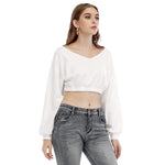 White All-Over Print Women's V-neck Long Sleeve Cropped Sweatshirt