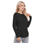 Black All-Over Print Women's Raglan Sleeves U-Shaped Hem Long Sleeves Blouse