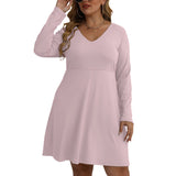 Pink All-Over Print Women's V-neck Long Sleeve Dress(Plus Size)