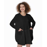 Black All-Over Print Women's Casual Loose Long Sleeve Dress With Pocket