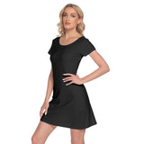 Black All-Over Print Women's Short Sleeve O-neck Dress