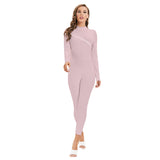 Pink All-Over Print Women's Long-sleeved High-neck Jumpsuit With Zipper