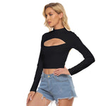 Black All-Over Print Women's Hollow Chest Keyhole Tight Crop Top