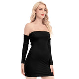 Black All-Over Print Women's Off-shoulder Back Lace-up Dress