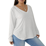 White All-Over Print Women's V-neck T-shirt With Curved Hem(Plus Size)