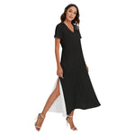 Black All-Over Print Women's V-neck Dress With Side Slit