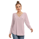 Pink All-Over Print Women's Long Sleeve Neckline Tie Sweatshirt