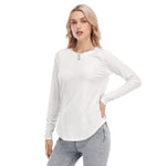 White All-Over Print Women's Raglan Sleeves U-Shaped Hem Long Sleeves Blouse