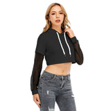 Black All-Over Print Women's Fake Two-piece Mesh Sleeve Cropped Hoodie