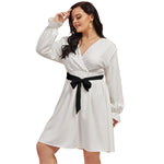 White All-Over Print Women's V-neck Dress With Waistband(Plus Size)