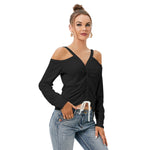 Black All-Over Print Women’s V-neck Cold Shoulder Blouse With Long Sleeve