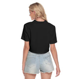 Black All-Over Print Women's V-neck Short Sleeve Cropped T-shirt