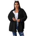 Black  All-Over Print Women's Borg Fleece Stand-up Collar Coat With Zipper Closure(Plus Size)