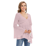 Pink All-Over Print Women's V-neck Blouse With Flared Sleeves