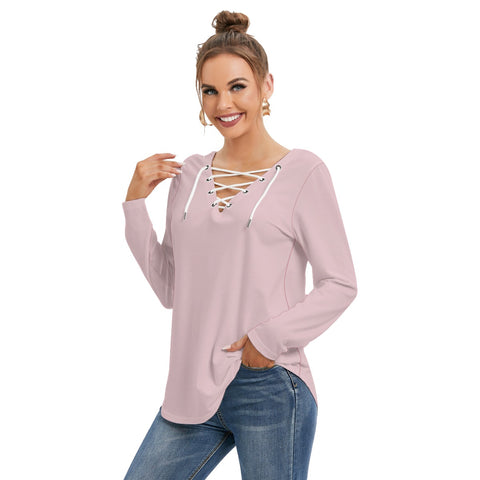 Pink All-Over Print Women's Long Sleeve Neckline Tie Sweatshirt