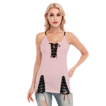 Pink All-Over Print Women's V-neck Eyelet Lace-up Cami Dress