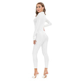 White All-Over Print Women's Long-sleeved High-neck Jumpsuit With Zipper