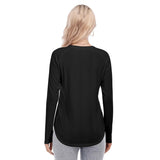 Black All-Over Print Women's Raglan Sleeves U-Shaped Hem Long Sleeves Blouse