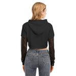 Black All-Over Print Women's Fake Two-piece Mesh Sleeve Cropped Hoodie