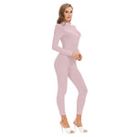 Pink All-Over Print Women's Long-sleeved High-neck Jumpsuit With Zipper