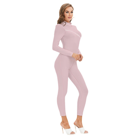 Pink All-Over Print Women's Long-sleeved High-neck Jumpsuit With Zipper