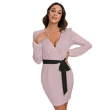 Pink All-Over Print Women's Long Sleeve Dress With Waist Belt