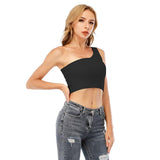 Black  All-Over Print Women's One-Shoulder Cropped Top