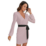 Pink All-Over Print Women's Long Sleeve Dress With Waist Belt