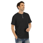 Black All-Over Print Men's Short Sleeve T-shirt With Button Closure