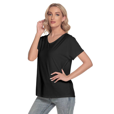 Black All-Over Print Women's Loose V-neck Short Sleeve T-shirt