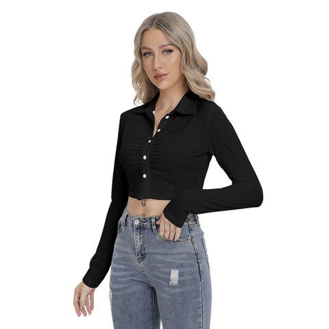 Black  All-Over Print Women's Blouse With Pleated Placket