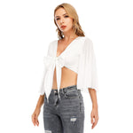 White All-Over Print Women's Ruffled Cropped T-shirt With Bandage