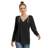 Black All-Over Print Women's Long Sleeve Neckline Tie Sweatshirt