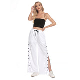 White All-Over Print Women's Side Slit Snap Button Trousers