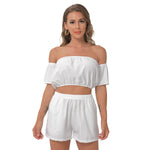 White All-Over Print Women's Off-Shoulder T-Shirt Shorts Suit